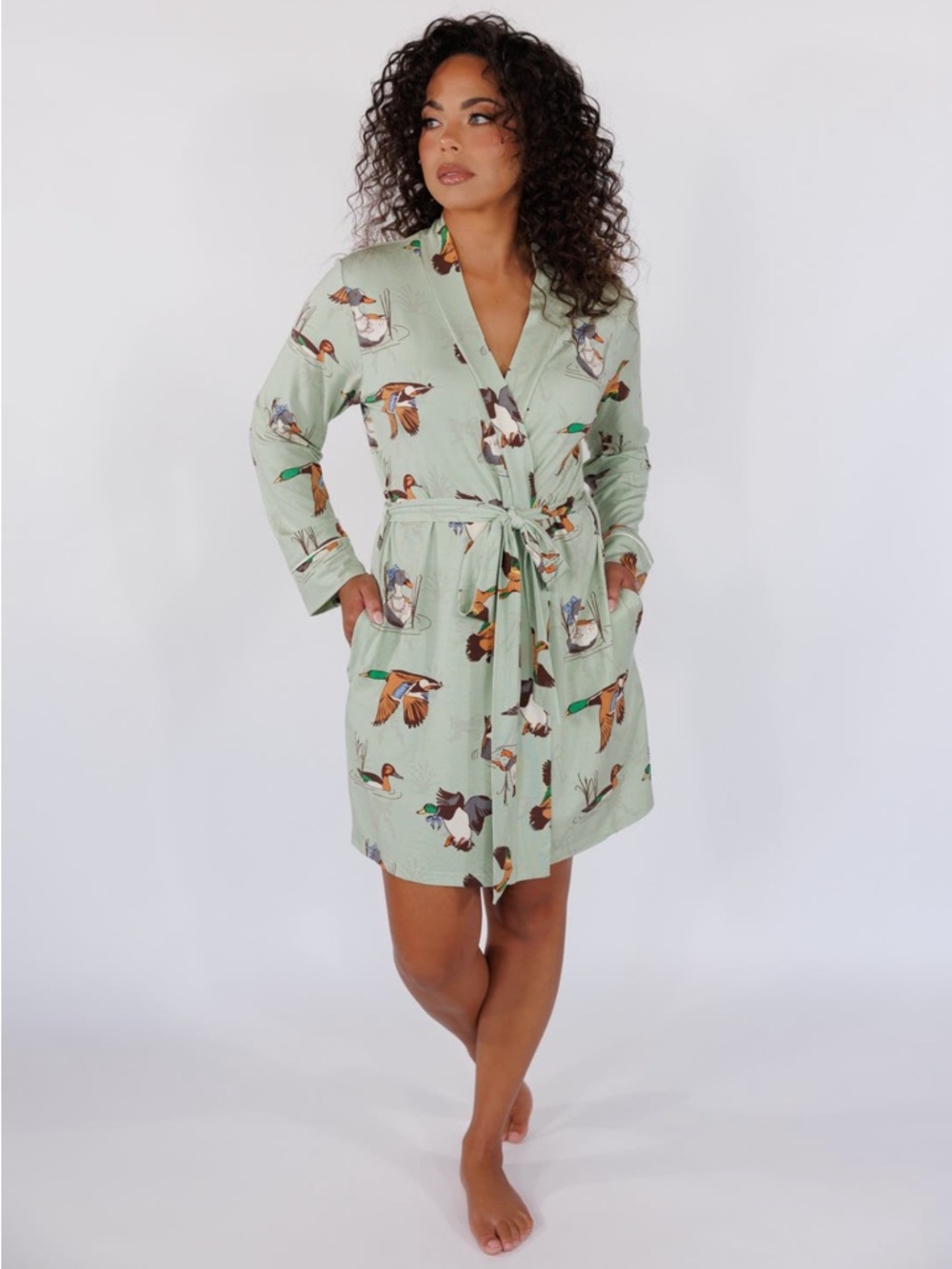 NEW NWT In My Sundays Fancy Fowl Sage Green Short Robe Medium